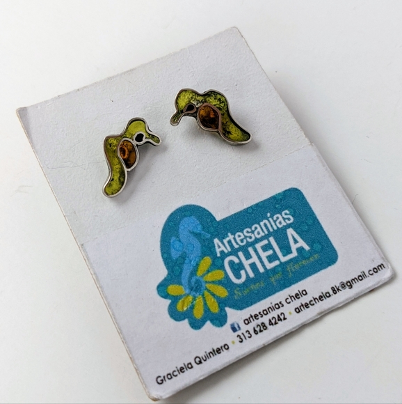 🇨🇴 Handmade Artisan Silver and Resin Bird Earrings Made In Colombia - Picture 2 of 6